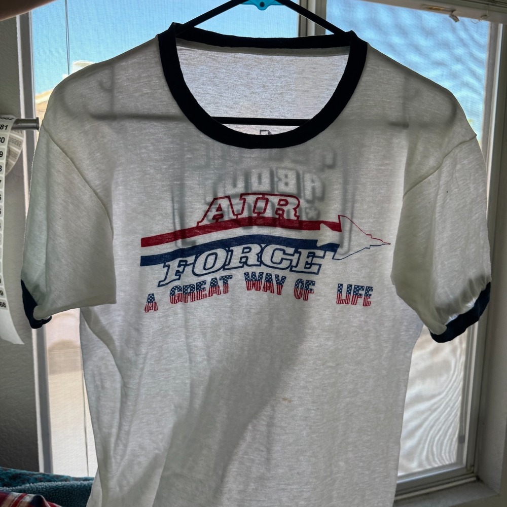 Vintage 60s 70s Military T Shirt Mens Fits Medium USAF Paper Thin Ringer